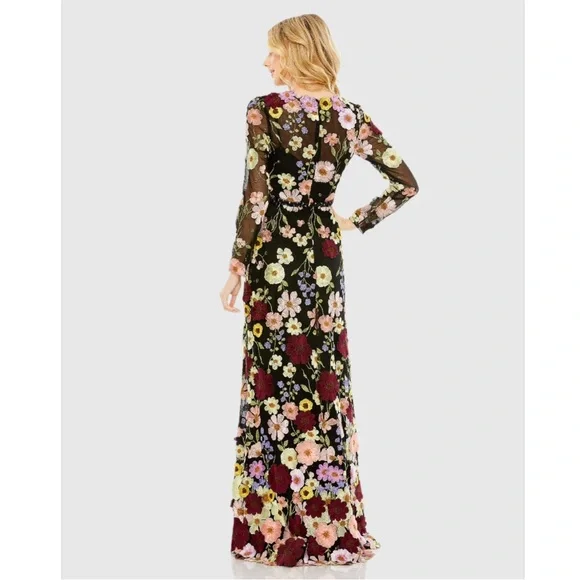 MAC DUGGAL Embroidered Applique High Neck Long Sleeve Maxi dress